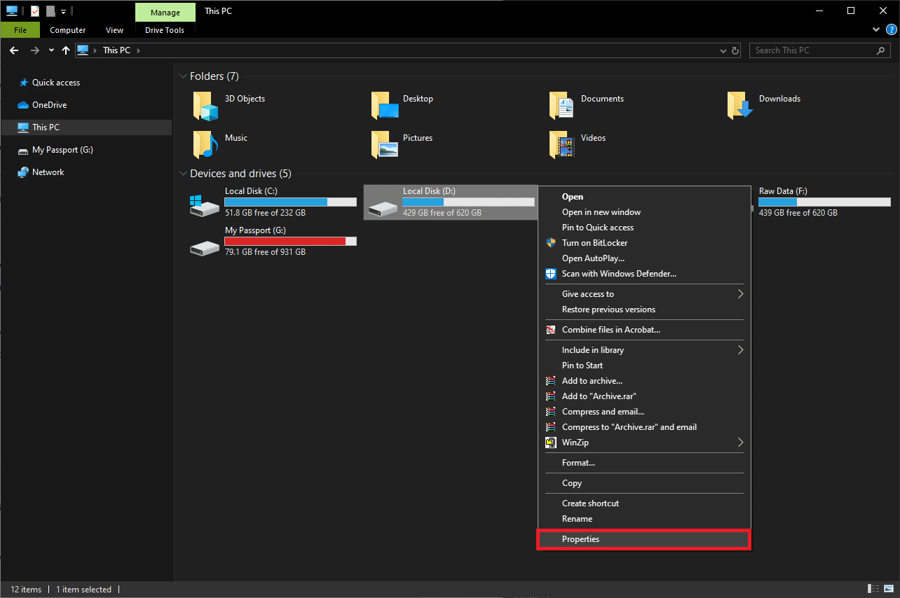 Open File Explorer by pressing Win+E
Right-click on the corrupted hard drive and select Properties