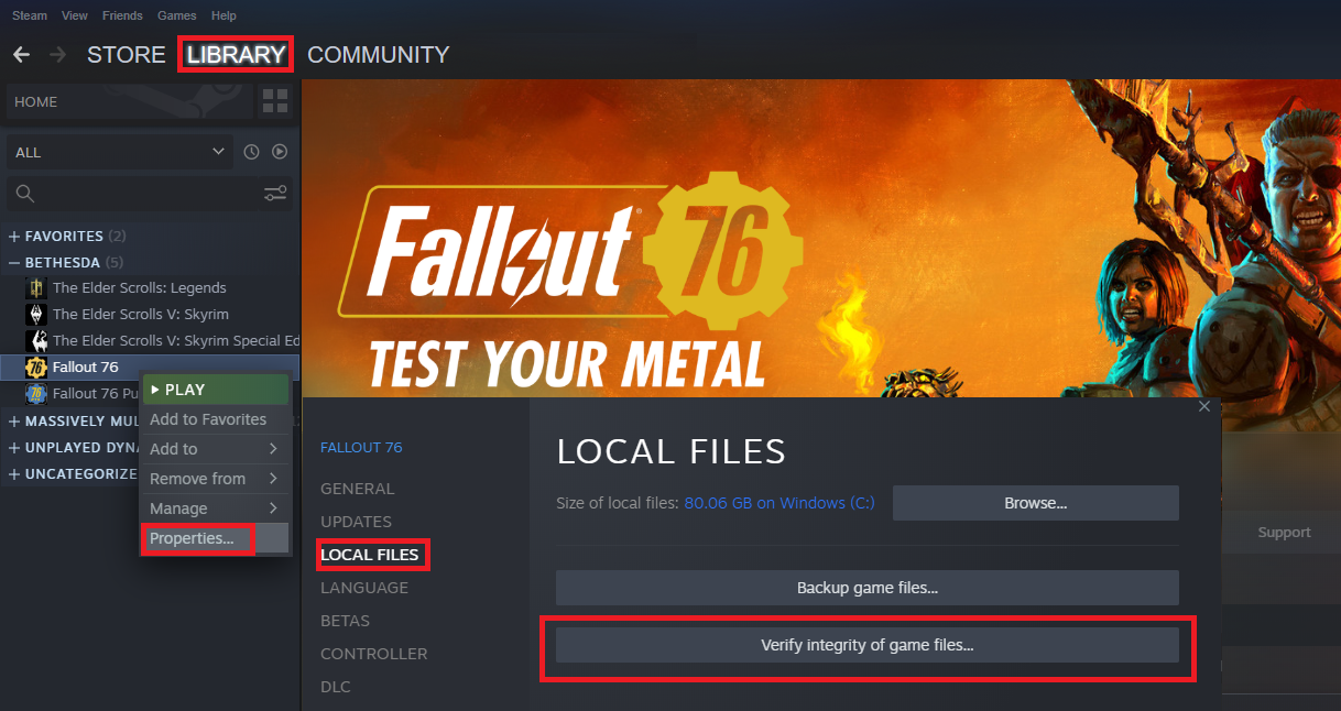 Right-click on the game and select Properties.Navigate to the Local files or Verify integrity of game files section.