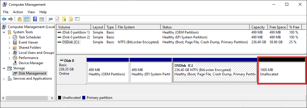 A screenshot of a file explorer window showing available partition space.