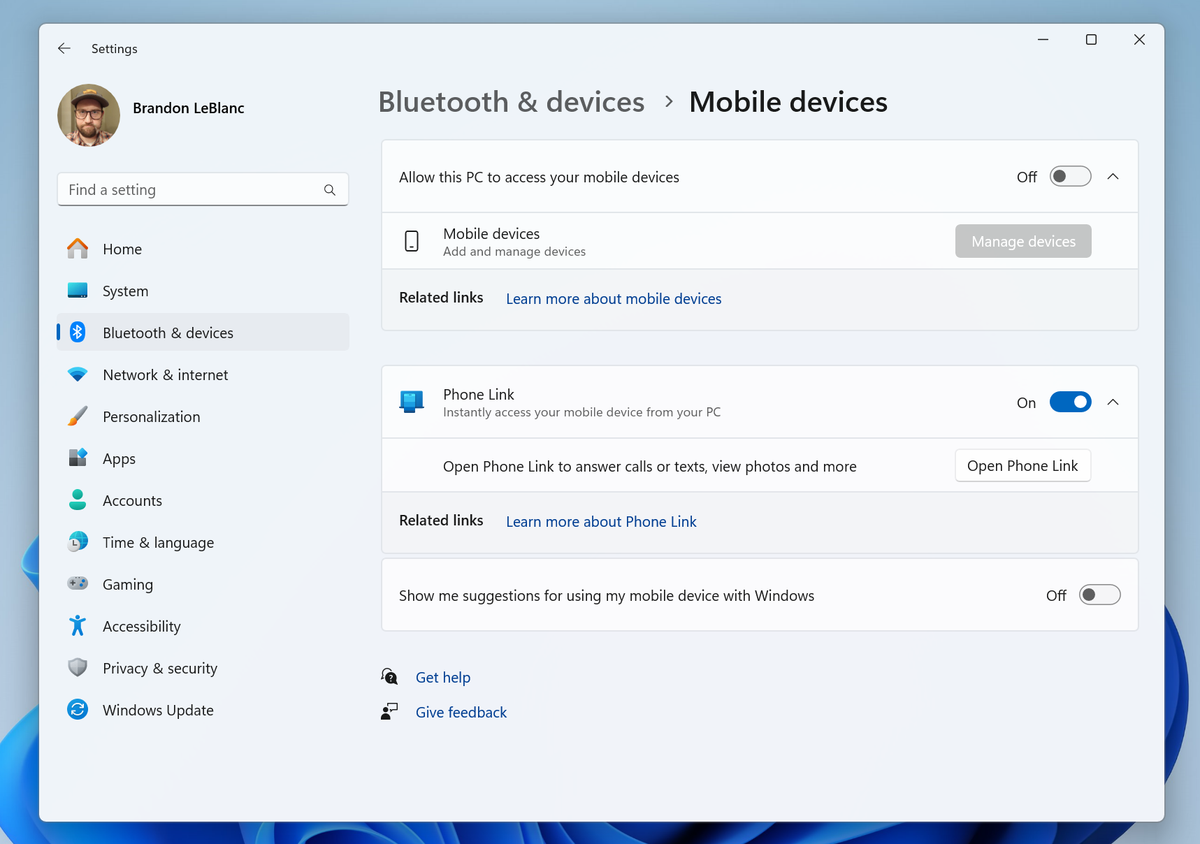 A screenshot of the Windows 10 Bluetooth settings page.