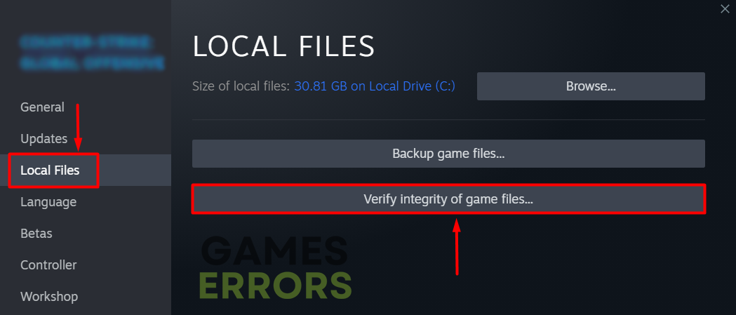 Click on the Verify integrity of game files button.
Wait for the process to complete and any corrupted files to be repaired.