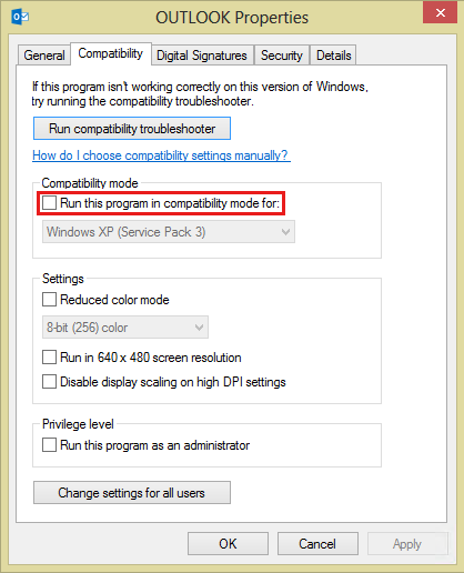 Compatibility mode settings in Outlook 2016