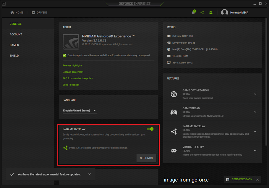 If you have other programs that use overlays, such as Steam or GeForce Experience, try disabling the overlay in those programs.
Open the settings for the program and look for the overlay option.