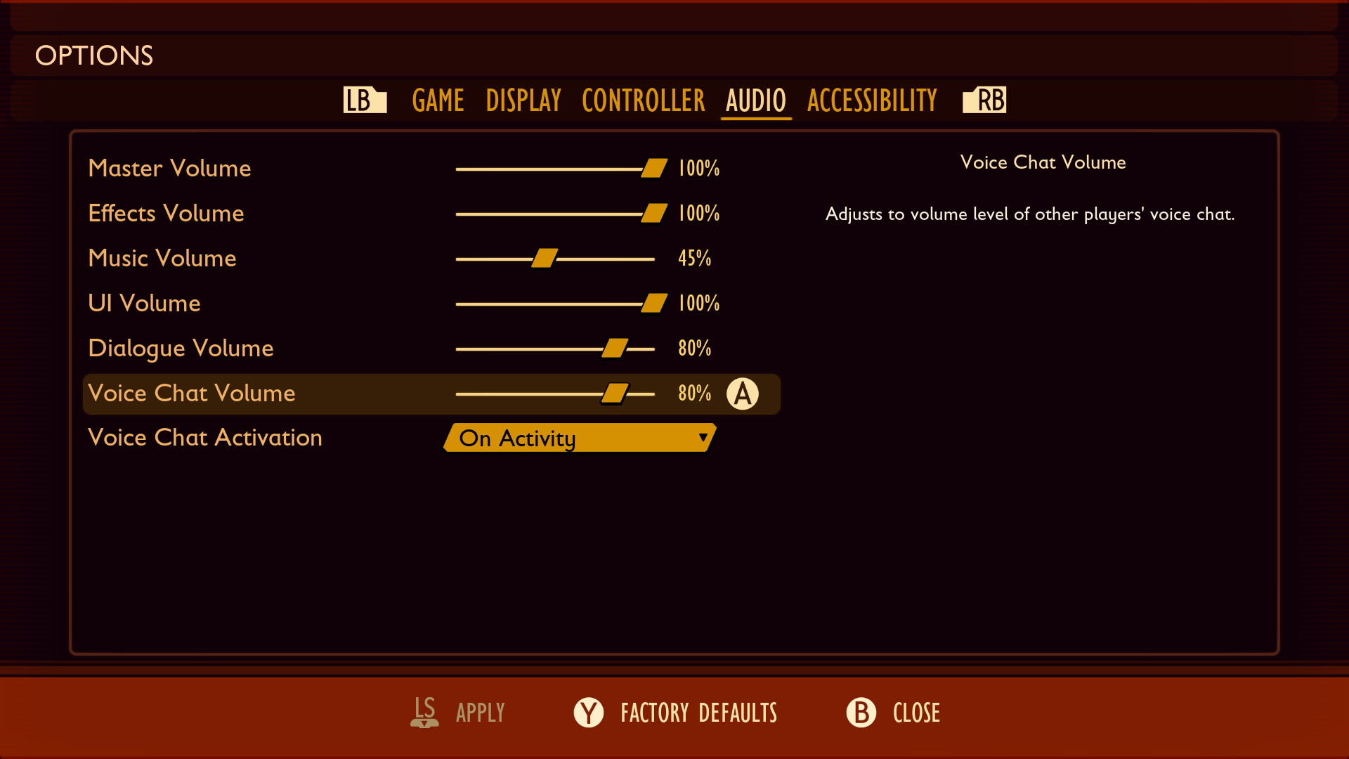 In-game audio settings menu.