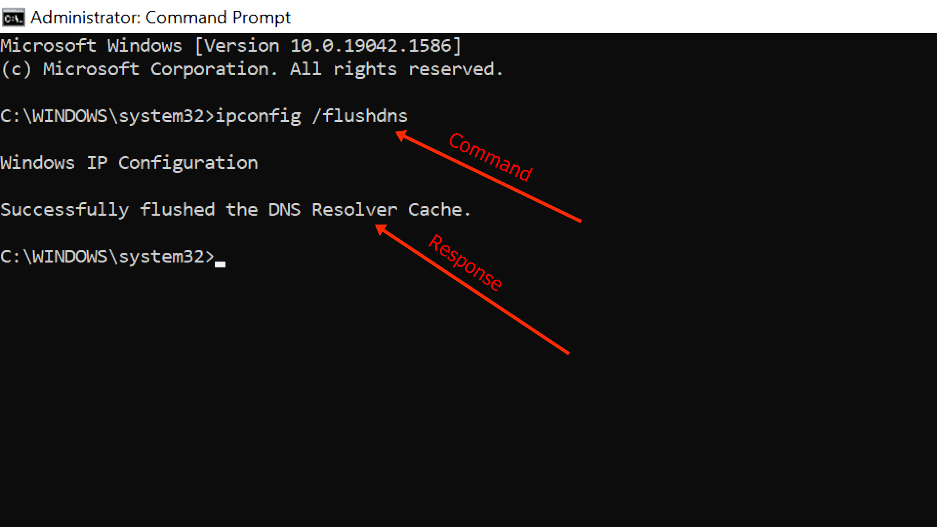 In the Command Prompt, type ipconfig /flushdns and press Enter.
Wait for the command to execute and clear the DNS cache.