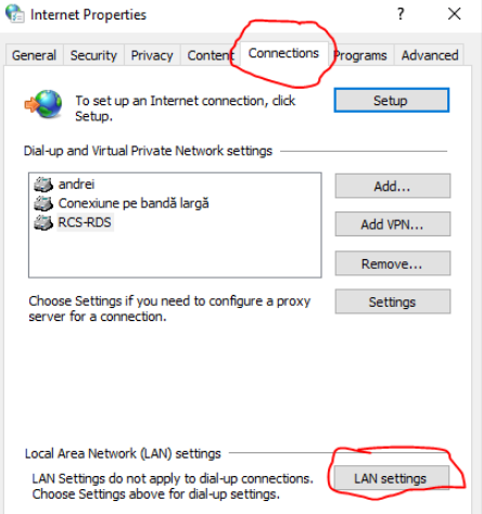 In the "Internet Properties" window, click on the "LAN settings" button.
Uncheck the boxes for "Use a proxy server for your LAN" and "Automatically detect settings".