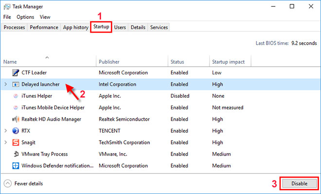 In the Task Manager window, disable all startup programs by right-clicking on each one and selecting Disable.
Close the Task Manager and go back to the System Configuration window.