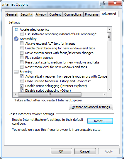 Internet Explorer settings