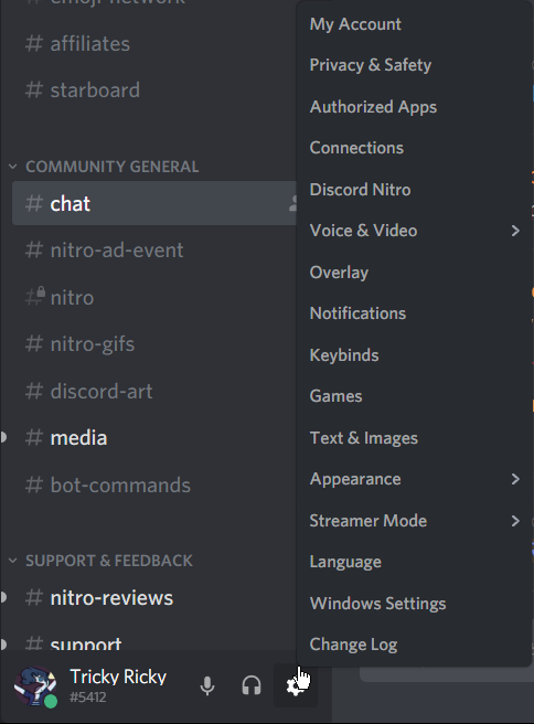 Make sure that you are running the latest version of Discord.
Click on the User Settings icon (gear icon) located in the bottom left corner of the screen.