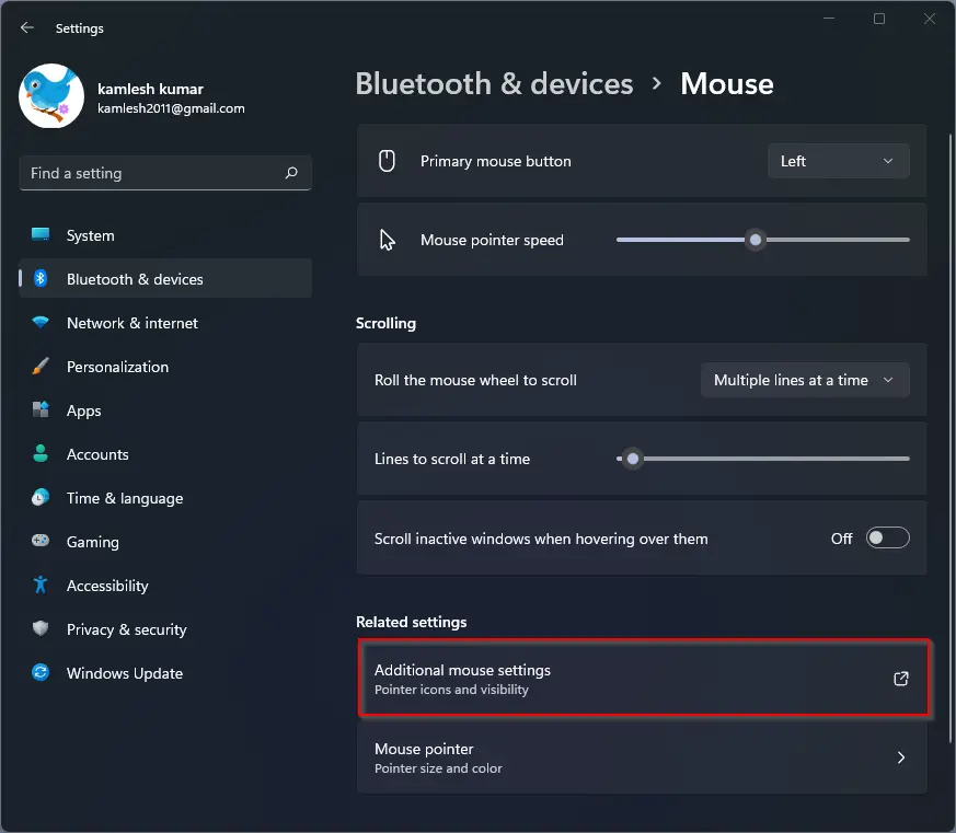 Mouse settings menu in Windows 11