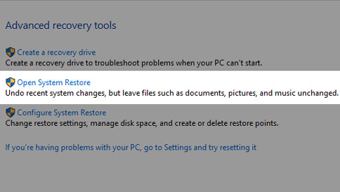 Open Control Panel
Go to "Recovery" and select "Open System Restore"