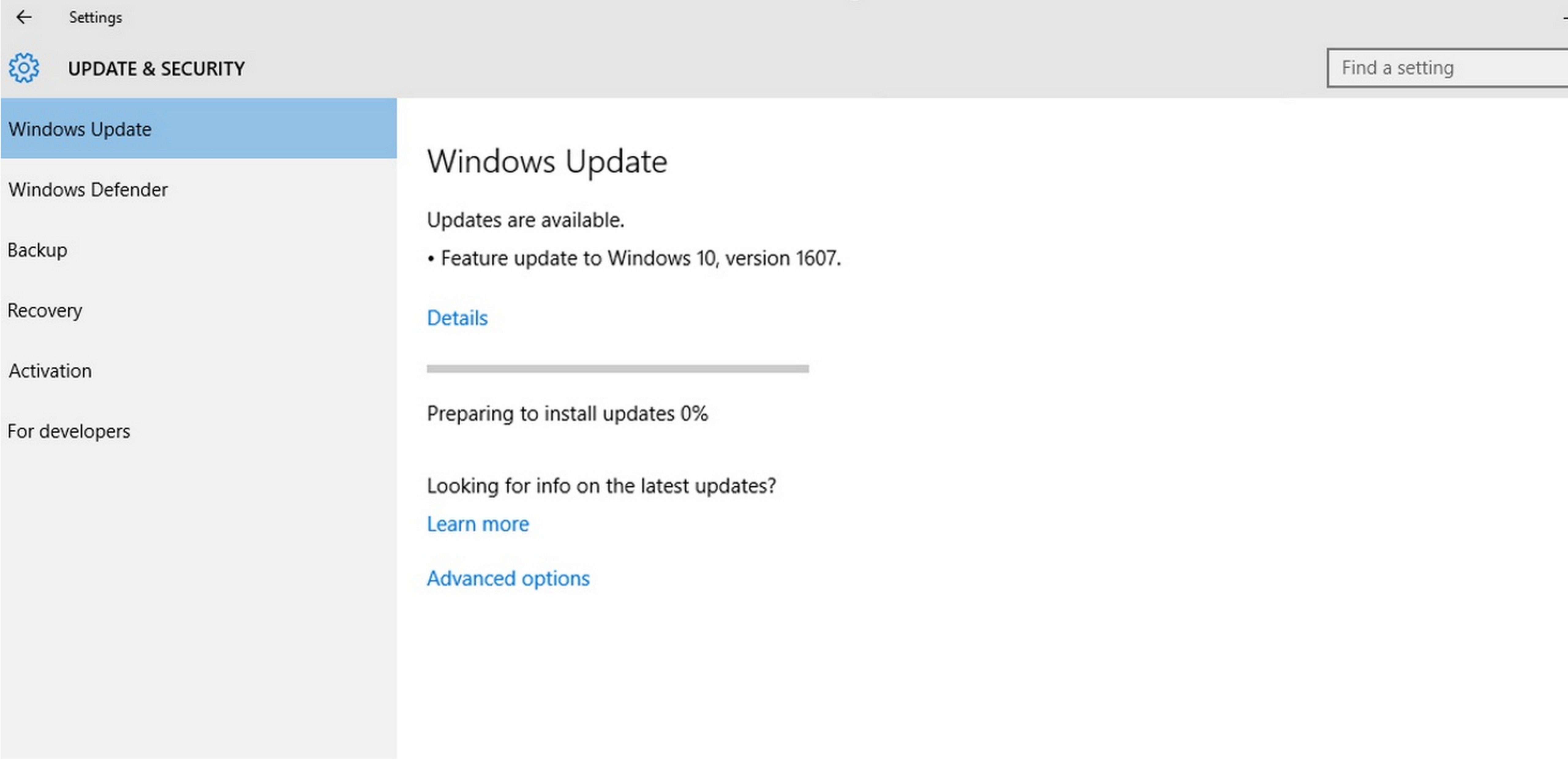 Open Settings and navigate to Update & Security
Select Windows Update and click Check for updates