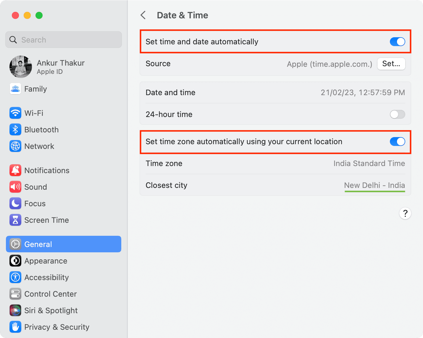 Open System Preferences from the Apple menu
Select Date & Time and ensure "Set date and time automatically" is enabled