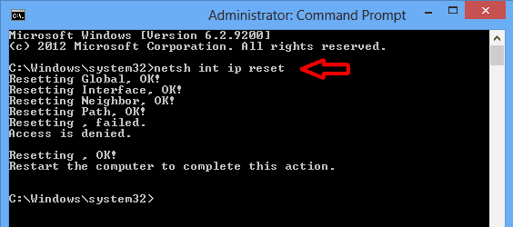 Open the Command Prompt as an administrator.
Type the command netsh int ip reset and press Enter.