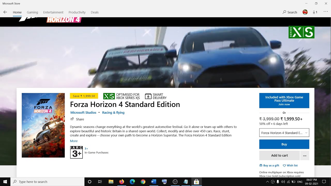 Open the Microsoft Store app or the Xbox app.
Search for Forza Horizon 4 and open its page.
