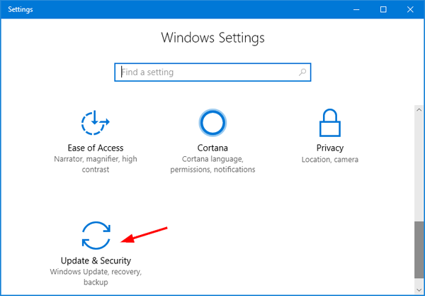 Press Windows Key + I to open Settings.
Click on Update &amp; Security.