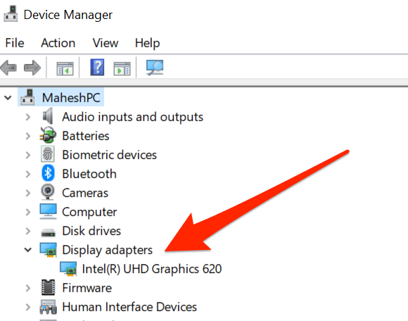 Press Windows + X and select Device Manager.
Expand the category for Display adapters.