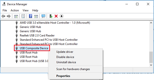 Right-click on the USB Composite Device and select Update driver.
Choose the option Search automatically for updated driver software.