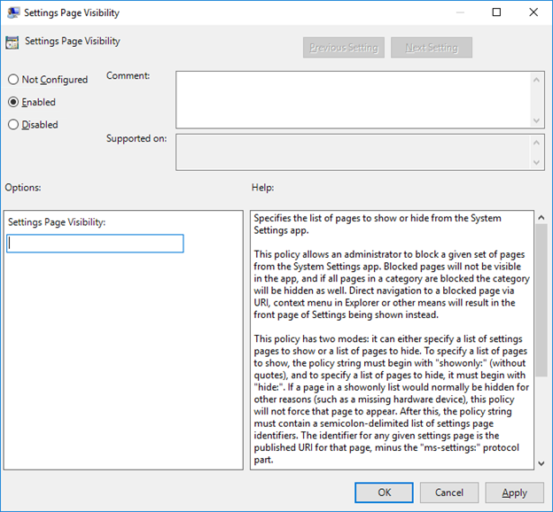 Screenshot of GPO settings on Windows 10