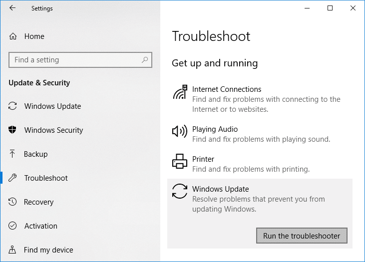 Scroll down and click on Windows Update under Get up and running.
Click on Run the troubleshooter and follow the on-screen instructions.