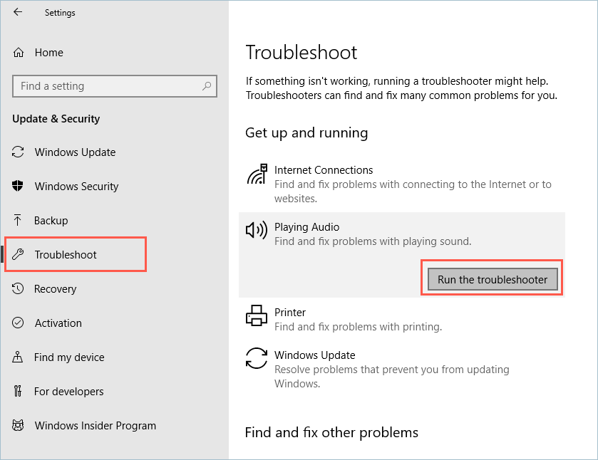 Scroll down to the "Get up and running" section and select the "Playing Audio" option.
Click the "Run the troubleshooter" button and wait for the audio troubleshooter to detect and fix the issues.