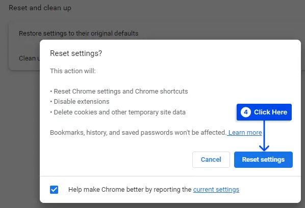 Scroll down to the "Reset and clean up" section and click on "Restore settings to their original defaults".
Click on "Reset settings" in the confirmation pop-up.