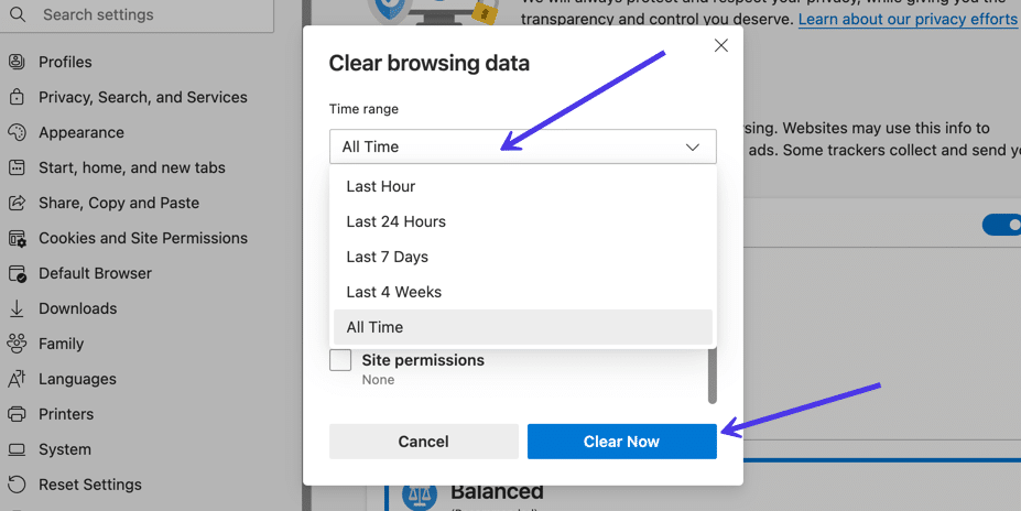 Select the appropriate time range, such as Last hour or All time.
Tick the option for Cache or Browsing history.