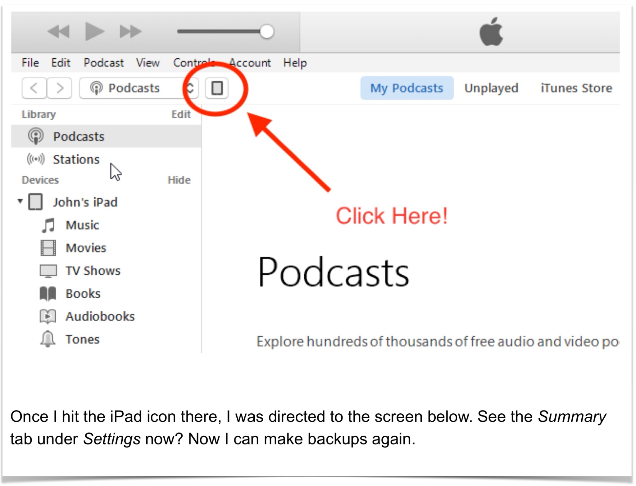 Select your iPhone when it appears in iTunes.
Click on the Summary tab.