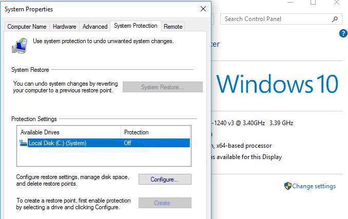 System Restore options in Windows settings