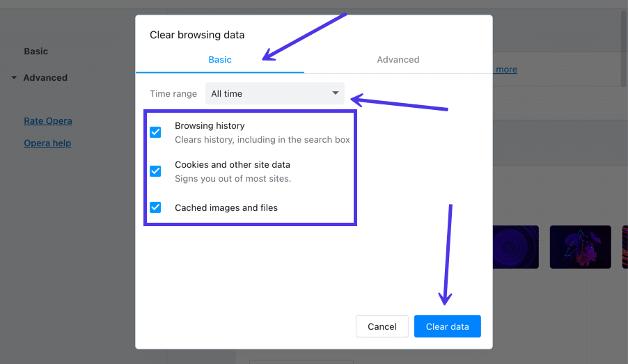 Under the "Privacy and security" section, click on "Clear browsing data".
Select "Cache" and "Cookies and other site data" checkboxes.