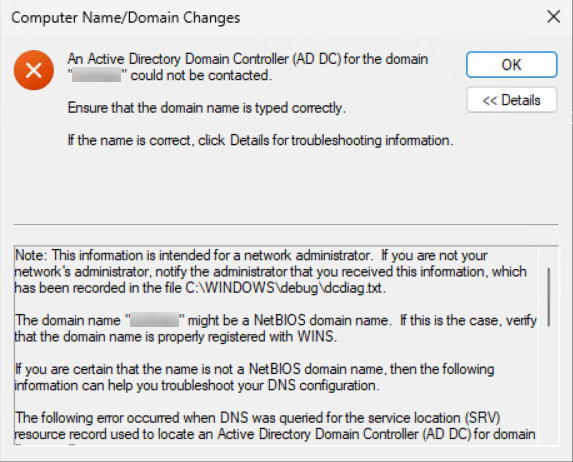 Windows 10 PC join domain error message