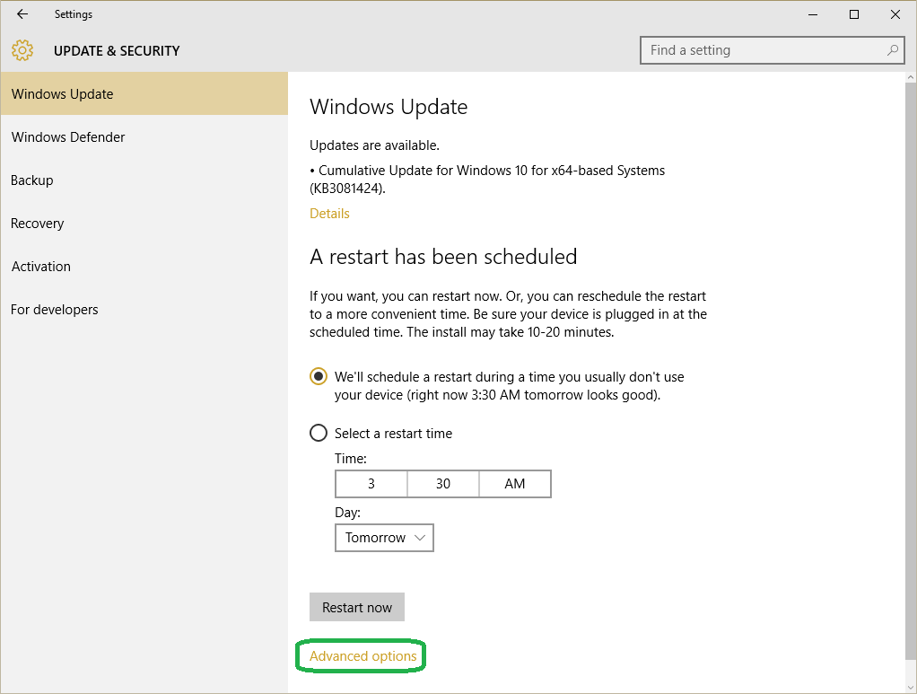 Windows Update settings menu.
