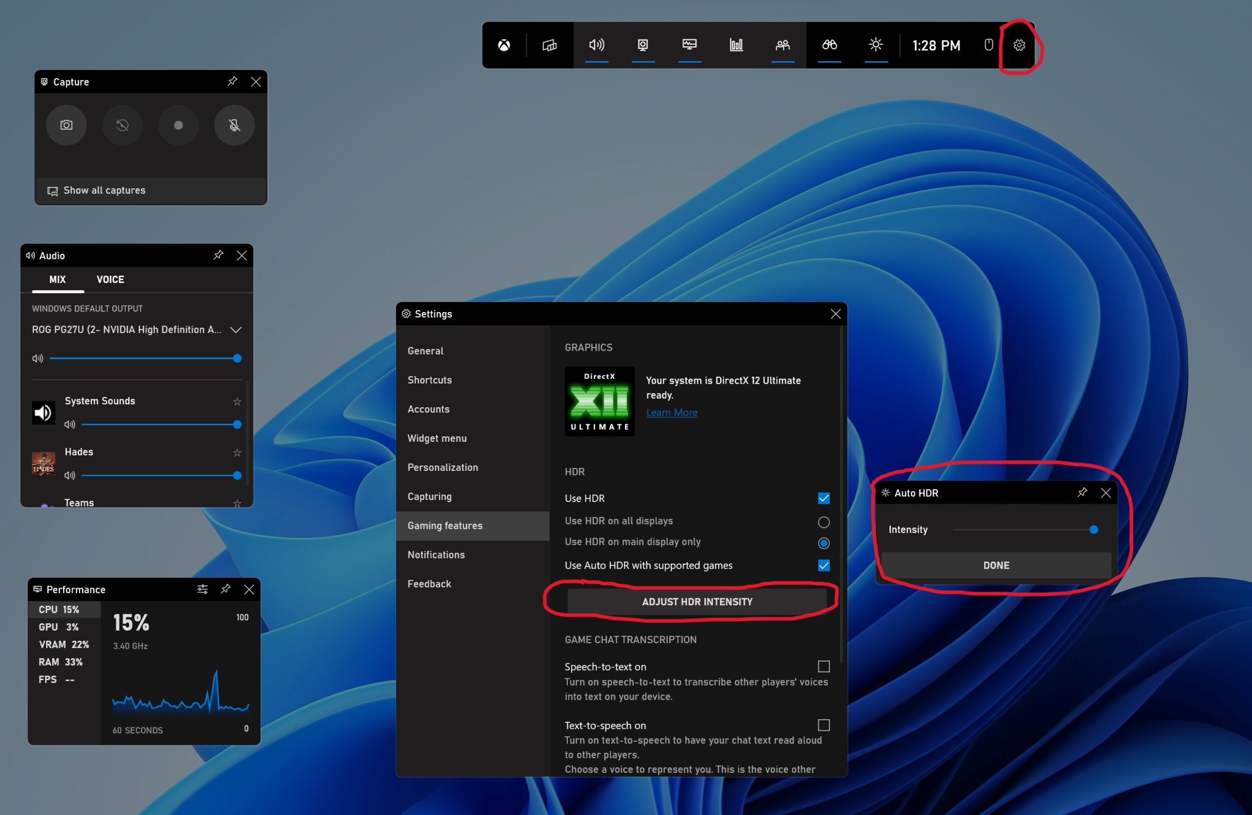 Xbox Game Bar settings menu